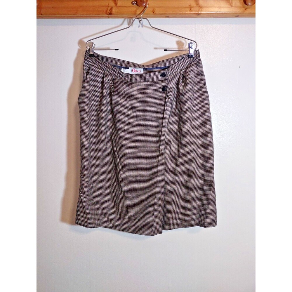 Vintage Orvis 18 Wool Blend Skirt Houndstooth Black White Beige Zipper